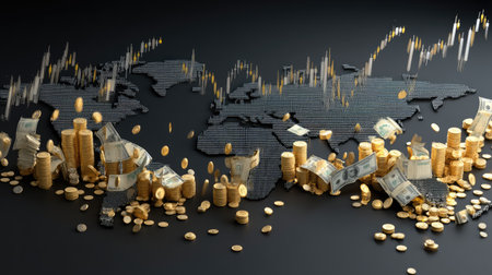 A captivating global financial scene featuring money, coins, banknotes, and dynamic stock market trends against a dark backdrop, symbolizing wealth.の素材