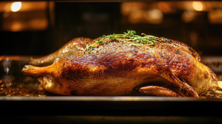 A beautifully roasted whole duck garnished with fresh herbs offers a mouthwatering view, showcasing culinary skill and inviting flavors for any dining occasion.の素材