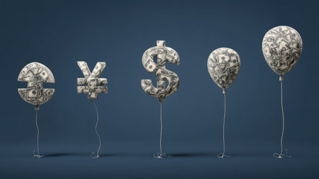 This vibrant image features balloons shaped like currency symbols, representing global finance concepts with a playful and artistic touch. Perfect for creative projects!の素材