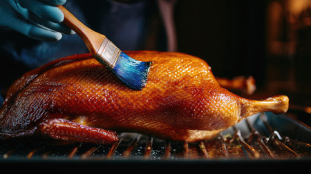 A beautifully glazed roast duck is being brushed with a sweet sauce in a warm kitchen setting. This image captures the artistry of culinary preparation.の素材