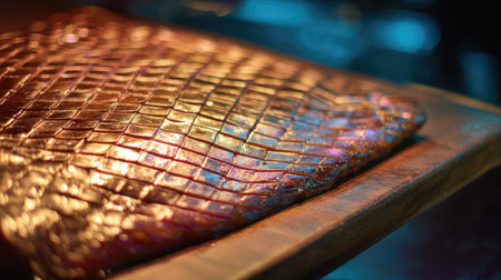 This captivating close-up showcases a beautifully textured golden surface, featuring intricate patterns and colorful reflections under soft lighting. The image highlights the elegance and artistry of design.の素材