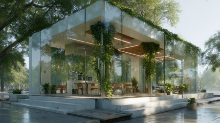 This stunning image showcases a modern glass building set in a tranquil park, accentuated by lush greenery. The inviting layout features outdoor seating, creating a perfect blend of nature and contemporary architecture.の素材