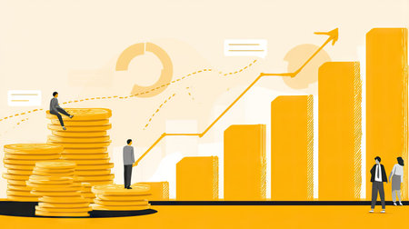 A visually appealing illustration depicting business growth through financial symbols, featuring coin stacks, bar charts, and professionals strategizing.の素材