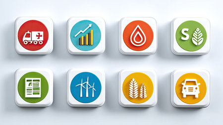 A collection of vibrant icons symbolizing various themes, including transportation, energy, agriculture, and media, designed for modern digital applications.の素材