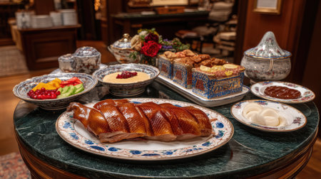 A stunning display of gourmet dining featuring succulent duck alongside fresh fruits and delicious desserts, arranged elegantly on a beautifully set table.の素材