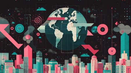 This vibrant abstract artwork features a city skyline alongside a globe, adorned with geometric shapes and digital elements, perfect for creative projects.の素材