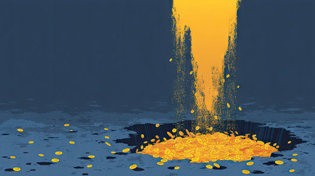 A captivating illustration of golden coins showering down into a dark surface, symbolizing wealth and financial prosperity. The vibrant glow contrasts beautifully with the deep background, enhancing the visual impact.の素材