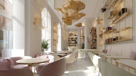 A stunning interior of a modern cafe showcasing elegant decor, stylish furniture, and unique hanging art. Bright natural light enhances the inviting atmosphere.の素材