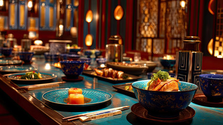 Experience an exquisite dining atmosphere featuring beautifully presented Asian dishes on a vibrant table, perfect for gatherings and celebrations.の素材