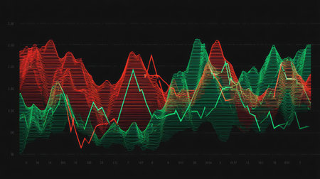 Colorful data visualization featuring digital graphs with red and green trends against a black background, showcasing complex statistical patterns and analytics.の素材