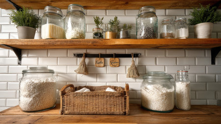A beautifully arranged kitchen shelf showcases a variety of glass jars filled with ingredients and herbs, creating a warm and inviting farmhouse atmosphere.の素材