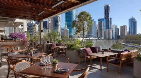A stylish urban rooftop restaurant in Brisbane showcasing elegant outdoor seating and breathtaking views of the city skyline and river. Perfect for dining.の素材