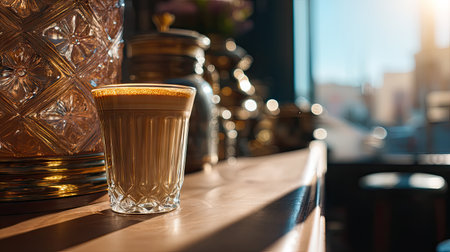 A beautifully captured coffee glass rests on a wooden counter, illuminated by soft natural light, creating a serene and cozy cafe atmosphere perfect for relaxation.の素材