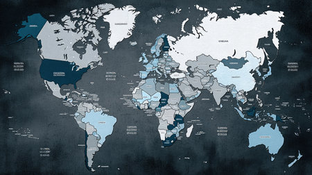A detailed world map showcasing various countries and regions outlined in shades of blue against a textured dark background, ideal for educational and informative use.の素材