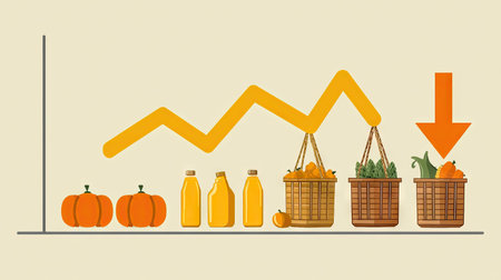 This illustration depicts a trend analysis of seasonal produce including pumpkins and fresh vegetables. The minimalist design features a graph indicating growth and decline in a visually engaging manner, perfect for food-related themes.の素材