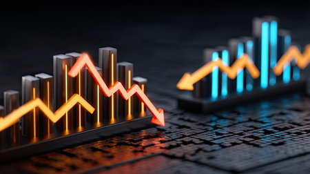 This image presents an engaging visualization of stock market trends with dynamic graphs and colorful arrows illustrating financial movement on a sleek dark background.の素材