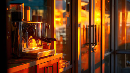 A stunning coffee machine illuminated by warm sunset light, reflecting beautifully on glass windows, creating a cozy cafの素材