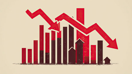 This illustration depicts financial performance with red arrows indicating decline and growth over bar charts, symbolizing market trends and analysis.の素材
