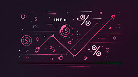 A modern abstract representation of financial metrics featuring graphs, arrows, and symbols on a dark background, perfect for finance-related projects.の素材