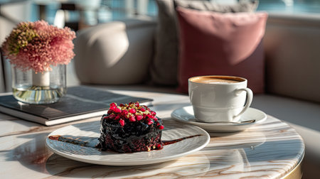 A beautifully presented chocolate dessert topped with fresh berries, accompanied by a steaming cup of coffee, set in a cozy cafe atmosphere.の素材