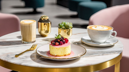 A visually appealing arrangement of a creamy cheesecake topped with berries, accompanied by coffee drinks in a chic cafの素材