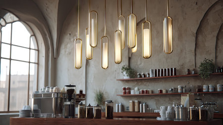 A beautifully designed modern cafe interior featuring warm lighting and minimalist decor, creating an inviting atmosphere for coffee lovers and social gatherings.の素材