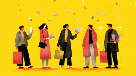 A vibrant illustration featuring a group of people enjoying a cheerful shopping experience, highlighted by bright colors and dynamic expressions.の素材