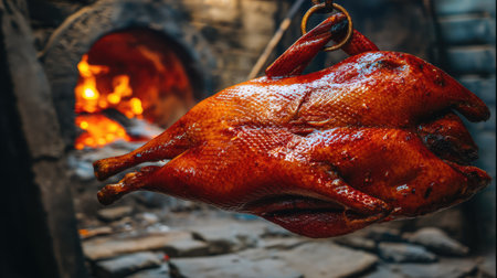 A striking image of whole roasted ducks suspended in a lively kitchen, emphasizing traditional cooking methods with warm flames and rich textures.の素材