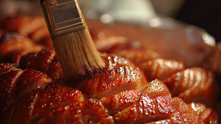 This stunning close-up captures a beautifully glazed piece of meat being brushed with sauce, showcasing the artistry of culinary preparation and presentation.の素材