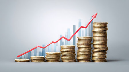 This image illustrates the concept of financial growth with stacks of coins and a rising graph. It visualizes investment strategies and economic success, perfect for business and finance-related content.の素材