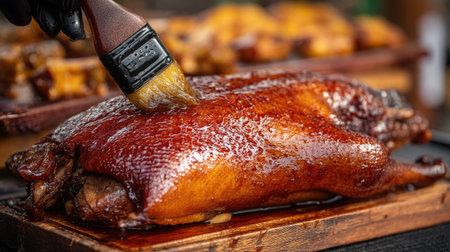 A succulent barbecue duck being brushed with rich glaze, showcasing a close-up on the preparation process with enticing smoky background elements.の素材