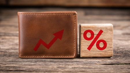 This image features a stylish leather wallet with an upward arrow and percentage symbol, set on a rustic wooden background, symbolizing financial growth.の素材