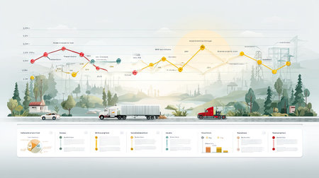 This detailed illustration presents a visual representation of logistics and transportation trends. The image features trucks on a scenic road alongside data graphs, providing insights into supply chain dynamics.の素材