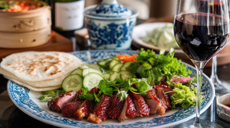 This stunning image showcases a beautifully arranged plate of barbecue duck, fresh vegetables, and a glass of red wine, perfect for showcasing Asian culinary artistry.の素材