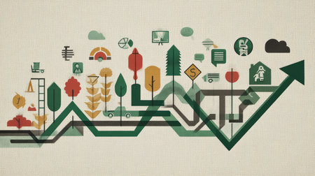 An abstract illustration showcasing growth and sustainability themes with various icons, symbols, and vibrant elements representing ecological and economic advancement.の素材