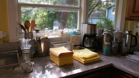 A sunny kitchen scene showcasing a cozy window filled with organized kitchenware, vibrant yellow dish towels, and blooming indoor plants. Perfect for home decor inspiration.の素材