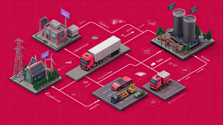 This isometric illustration showcases a vibrant transportation and logistics network, highlighting vehicles, industrial facilities, and modern infrastructure components.の素材
