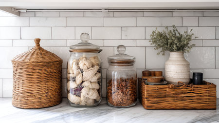 A serene kitchen setup featuring glass jars filled with various items, woven storage baskets, and a delicate vase with flowers, showcasing organization and comfort.の素材