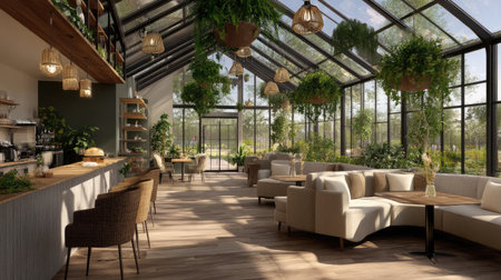 This image showcases a modern greenhouse cafの素材
