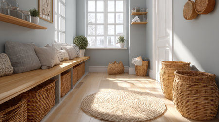 Bright and cozy interior space featuring natural light streaming through windows, comfortable seating, and stylish decorative elements perfect for a modern home.の素材