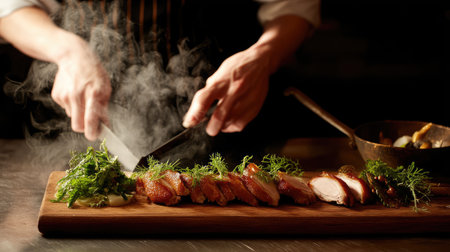 A skilled chef expertly slices tender meat while surrounded by fresh herbs, with steam rising in a lively kitchen, capturing the art of culinary preparation.の素材