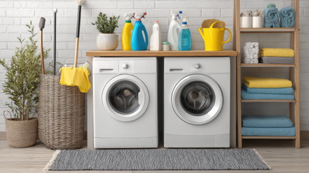 A bright and organized laundry room featuring two washing machines, colorful cleaning supplies, and neat shelving with towels and storage solutions.の素材