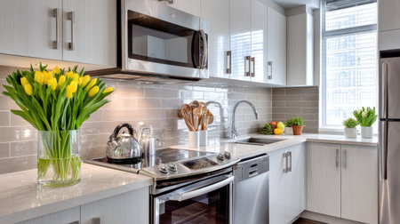 This modern kitchen features sleek appliances, beautiful tulips, and a stylish design. Bright natural light pours in through the window, enhancing the cozy atmosphere.の素材