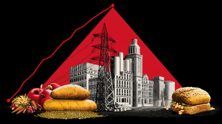 This graphic artwork combines industrial elements and food imagery to illustrate economic growth, sustainability, and urban development, emphasizing modern societal trends.の素材