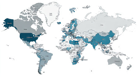 A detailed world map showing the distribution of internet users across various countries and regions, highlighting connectivity trends and usage patterns.の素材