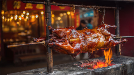 A beautifully roasted pig on a spit is showcased over an open flame in a lively street food market, inviting diners with its savory aroma and vibrant atmosphere.の素材