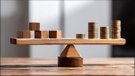 A wooden balance scale showcases an arrangement of blocks and coins, representing themes of investment, financial growth, and modern economic strategy.の素材
