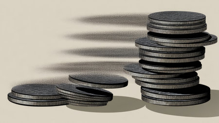 A creative illustration of stacked coins casting distinct shadows, symbolizing wealth and financial growth, depicted in a minimalistic style.の素材