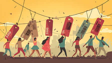A vibrant illustration showing a diverse group of individuals joyfully holding colorful price tags against a warm sunset backdrop, symbolizing consumer engagement in an urban setting.の素材