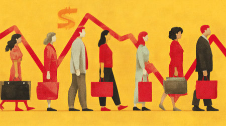 This vibrant illustration depicts a line of business professionals walking against a backdrop of a declining graph, symbolizing economic challenges.の素材